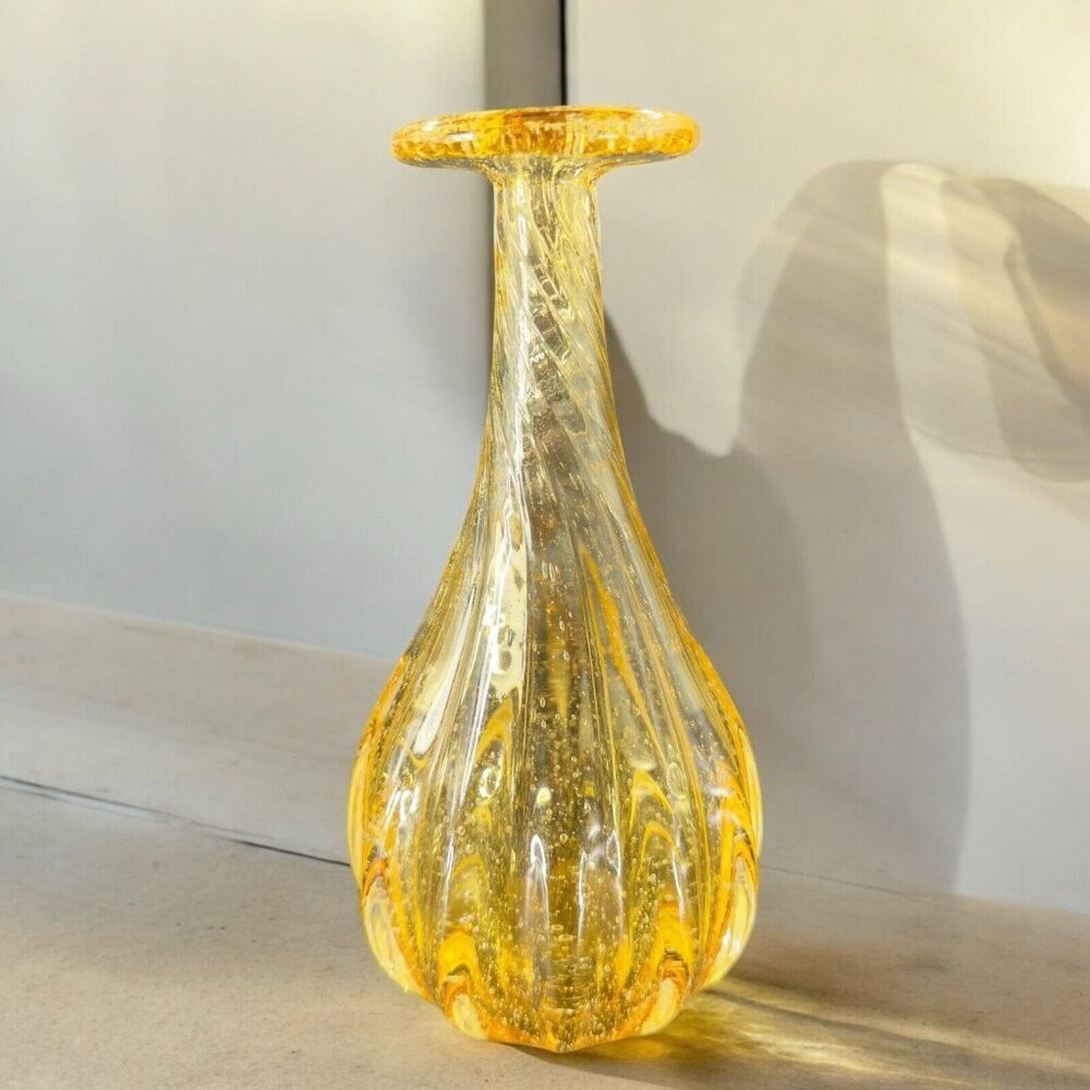 Art Glass Vase Yellow With Twisted Top Small Air Bubbles All Over Glass Vase VTG